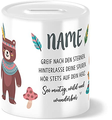 OWLBOOK® Boho Bär Spardose Kinder personalisiert | Geschenke zur Einschulung | Taufgeschenke | Geschenk Taufe Geburt Geburtstag Weihnachten Junge Mädchen | Sparschwein Sparbüchse