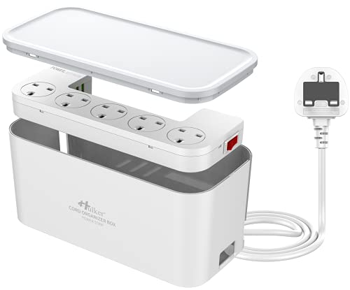 Hulker Extension Lead with USB Slots 5 Way Outlets 3 USB Ports Tidy Socket Extension with Overload Protection 3250W 13A Cord 2M Power Strip Cable Management Box White