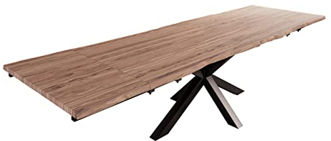 SAM Baumkantentisch 200 (300) x 100 cm Janosh, Akazienholz massiv & stonefarben, Esstisch inkl. 2 Ansteckplatten 50 x 100 cm, echte Baumkante, Spider-Metallgestell in Schwarz