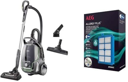 AEG VX9-2-ÖKO Staubsauger / 12 m / 850 Watt/nur 65 dB(A) / 5 l/schwarz/grün & AFS1W Allergy Plus Filter (Ideal für Allergiker, Filterwirkung mehr als 99%, saubere Luft, waschbar) blau/weiß