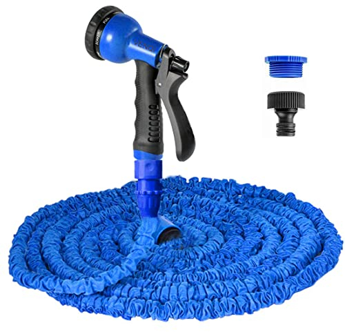 VENQI Expandable Garden Hose Pipe 50ft/15m Flexible Expanding Magic Water Hose with 8-Pattern Spray Nozzle,Leak-Proof Retractable Heavy Duty Hosepipes for Garden (50FT, Blue)