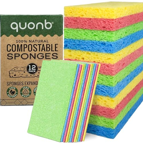 Compostable Pop Up Eco Sponges | quonb® (12 Pack) | Biodegradable sponges washing up, Plastic Free, Natural Cellulose, Durable, Zero Waste, Non Scratch, Kitchen, Bathroom, Cleaning Sponge, 4 Colours