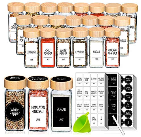 Churboro 36 Spice Jars with Labels- Spice Jars with Bamboo Lids - 4 Oz Glass Spice Containers with Shaker Lids, 547 Spice Labels of 3 Different Types Seasoning Jars for Spice Rack, Cabinet, or Drawer
