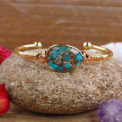 Edelstein Armband,Naturstein Gold Line Türkis Kristall Armband Mode Facettierte Ovale Goldfarbe Wrap Offene Manschette Armreif Yoga Energie Edelsteine ​​Armband Schmuck Für Männer Frauen Geschenk
