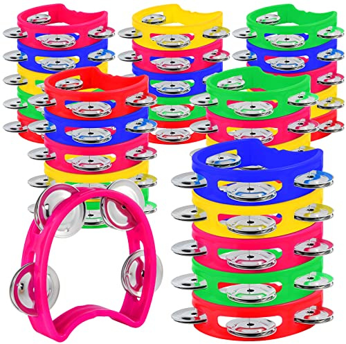 MIAHART Paquete de 32 panderetas de mano de Navidad para hacer ruido, pandereta, 4 campanas, panderetas de mano de plástico de colores, instrumento de ritmo musical para adultos y niños, decoración de