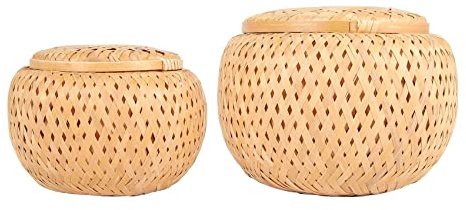 Qezodsx de 2 pequeños cebos Decorativos de bambú con Tapa para Guardar Objetos pequeños. Caja de bambú Hecha a Mano y Trenzada para Almacenamiento