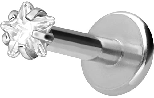 PIERCINGLINE Titan Labret mit Innengewinde + Titan Aufsatz EINGEFASSTER KRISTALLSTERN Piercing Lippe Nase Ohr Helix Tragus Medusa Farb & Größenauswahl