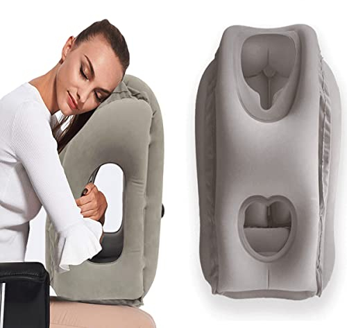 Almohada de Camping, Almohada de Apoyo para el Cuello, Almohada de Viaje portátil, Almohada de Viaje para reposacabezas, Almohada de Viaje Inflable, con Tapones para los oídos,Gris
