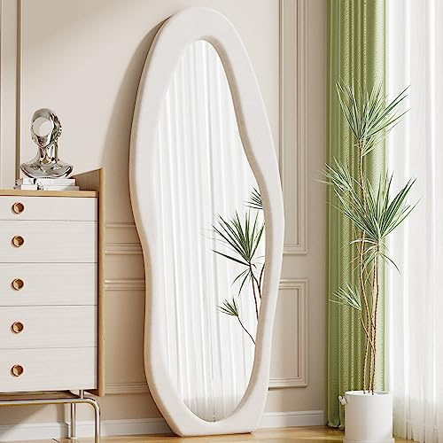 ZMYCZ Wavy Floor Mirror, Irregular Full Length Mirror, 63x24 Full Length Standing Mirror, Flannel Frame Mirrors Floor Length, Hanging or Leaning Wall Mounted Mirrors for Bedroom, No Stand (White)