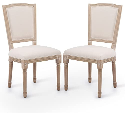 VONLUCE Vintage Farmhouse Dining Chairs – Set of 2 French Country Upholstered Memory Foam Dining Room Accent Chairs with Square Back Solid Wood Legs