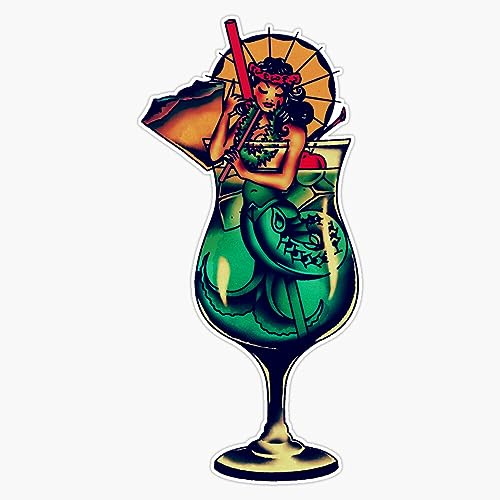 Hula Girl Mermaid in Tiki Cocktail Tattoo Vinyl Sticker Waterproof Decal Laptop Wall Window Bumper Sticker 5