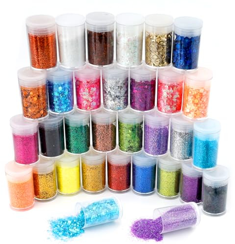 32 Stück Bastel Glitzer, Glitzerpuder Glitzerpulver zum Basteln Glitzer für Dekoration Karten Papier Nagelkunst Feine Glitzerpuder Set (16X mit feinem Glitter + 16X mit Pailletten)