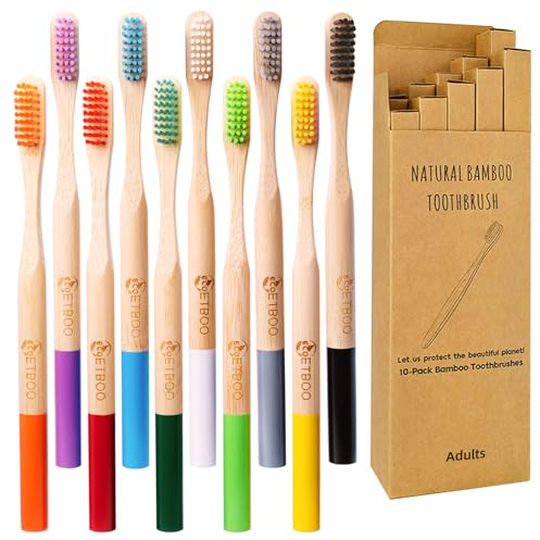 Bamboo Toothbrushes Medium Bristles for Adults 10 Pack, Wooden Toothbrush Family Set Natural Organic Tooth Brush (Multi-Color 10p)