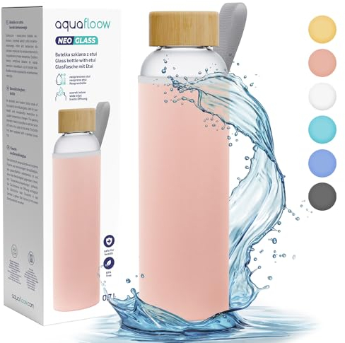 Aquafloow Wasserflasche aus Borosilikat Glas 700 ml mit Neoprenhülle, Transparente trinkflasche Glas mit Bambusdeckel | Ideal für Büro, Outdoor, Schule, für Kohlensäurehaltige Getränke – Rosa