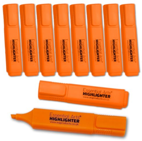 Essential Arts Square Orange Highlighter Pen Pack of 10 | Chisel Tip Fluorescent Highlight Marker Pens for Office, School Art and Business