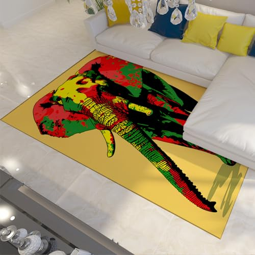Gelber dünner Teppich Lustige Tiere Rutschfester Bereich Teppich für Schlafzimmer Bunter lebendiger Elefant waschbarer Teppich Fleckenabweisender Teppich Home Decor 100x150cm