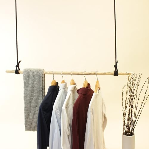 herbeschick.® Hängegarderobe Naturbursche | geschälter Naturstock | schwarzes Baumwollseil | verschiedene Größen | Made in Germany (goldene Beschläge, 60 cm Seil; 85 cm Stock)