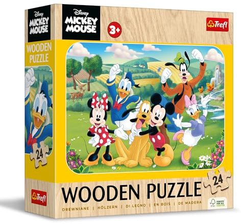 Trefl - Holzpuzzle 24 Teile, Mickey und Seine Freunde, Disney, 3+ | Holzpuzzle, abgerundete Kanten, dekoratives Muster auf der Rückseite, Märchenfiguren, Dekoration, Gedächtnistraining