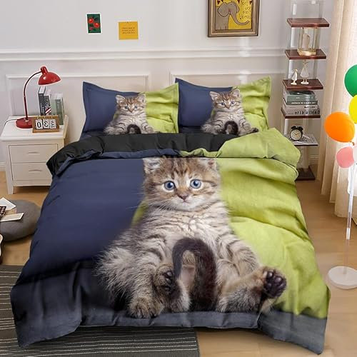 CHCHNXY Bettwäsche 200x200,Katze 3 Teilig Weich und Atmungsaktiv Bettwäsche-Set,für Jugendliche Erwachsene 1 Bettbezüge mit Reißverschluss und 2 Kissenbezug 80x80cm