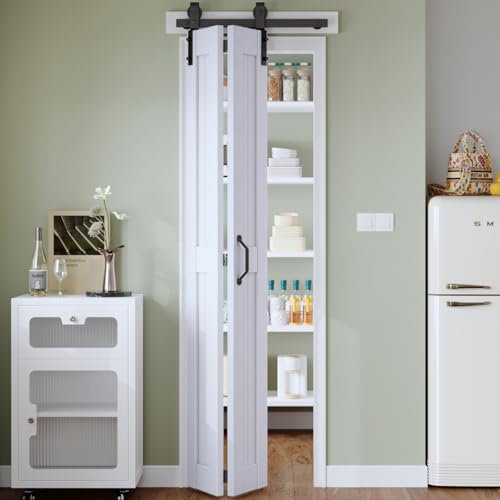 Finosen Porte de grange à deux volets 71,1 x 213,4 cm (double 35,6 cm), portes de placard coulissantes à deux volets avec kit de rails inclus, rail de 0,9 m pour 2 portes, panneau en bois MDF, surface