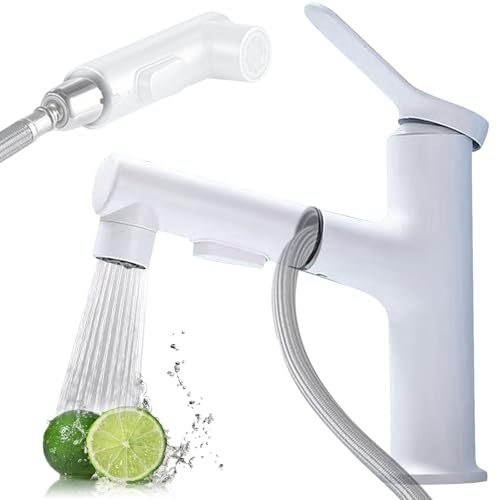 Btstil, rubinetto da bagno con doccetta estraibile, miscelatore con 3 tipi di getto, monocomando per lavandino in ottone per bagno, cromato (bianco)