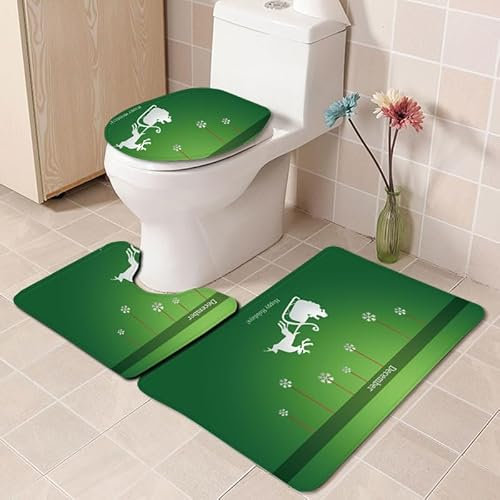 Bad Teppiche Set Grüner Weihnachtsschlitten Badezimmerteppich Waschbar WC Vorleger mit Ausschnitt und WC Deckelbezug 3 Teilig Badematte rutschfest Toilettensitzbezug Badgarnitur 45x75 cm
