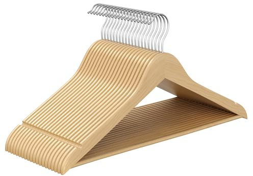 SONGMICS Grucce Appendiabiti Legno, 20 Pezzi, Appendini, Salvaspazio, Scanalature su Spalle, Gancio Girevole a 360°, Legno di Betulla, per Pantaloni Giacche, Beige Naturale CRW040K01