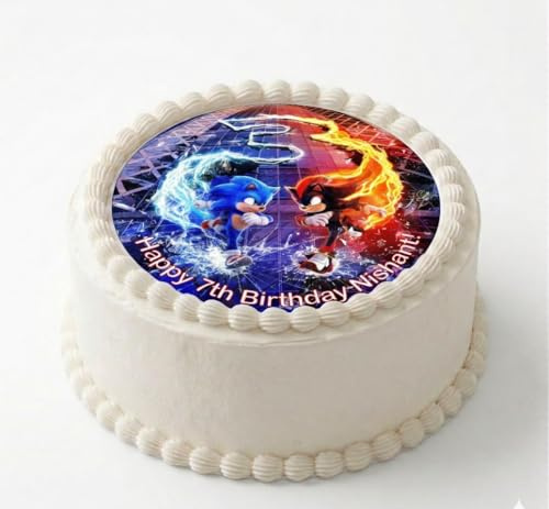 Sonic (Hedgehog) 3 Movie Personalised Edible Icing Cake Topper - Round, Costco, Rectangle and Matching Cupcake Toppers, Birthday Decoration (2. Round with cupcake toppers)