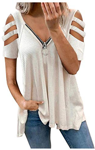 T Shirt Damen V Ausschnitt Top Sexy mit Halber Reißverschluss Oberteile Stilvolle Trägerlos T-Shirts Einfarbig Weste Kleid Sommershirts Tshirt 10 Euro Artikel