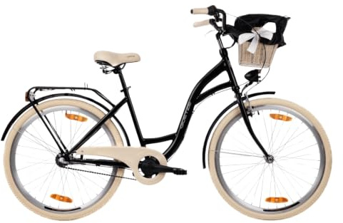 Goetze Style Damen Citybike 26/28 Zoll, Retro Fahrrad mit 3-Gang | 17/18 Zoll Tiefeinsteiger, Shimano Nexus Nabenschaltung mit Rücktritt, LED-Beleuchtung, Rattankorb, Gepäckträger & Klingel