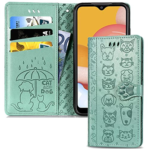 IMEIKONST Wallet Case for Samsung Galaxy A56 5G, Magnetic Closure Card Slots RFID Blocking Flip Stand Function TPU Shell Bumper PU Leather Cell Phone Cover for Samsung Galaxy A56 5G. Green Cat Dog SD