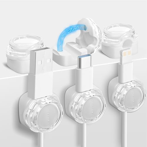 6 Pack Magnetic Cable Clips,Cable Tidy Tools,Cord Holder for Desk Cable Management,Cable Organiser for Nightstand, Kitchen Appliances, Office Accessories（White）