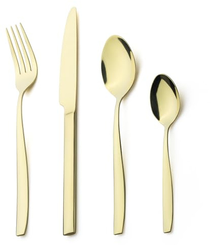 Alata Bristol Edelstahl Poliert Champagner Gold Besteck Set 6 Personen, Essbesteck 24 teilig, Glänzend, Spülmaschinenfest