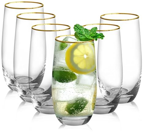Icesip Drinking Glasses Set of 6, 18 oz Gold Rimmed Glassware Cups Drinking Crystal Tall Highball Water Glasses for Whiskey Cocktail Juice Water Beverage Mojito