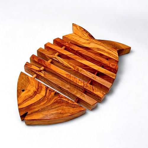 Handcrafted Olive Wood Trivet Fish Shape Heat Resistant Natural Wooden Hot Plate Holder Three Size Cooking Surface Protector Kitchen Table Countertop Accessory for Pan Pot Dish Bowl Tray