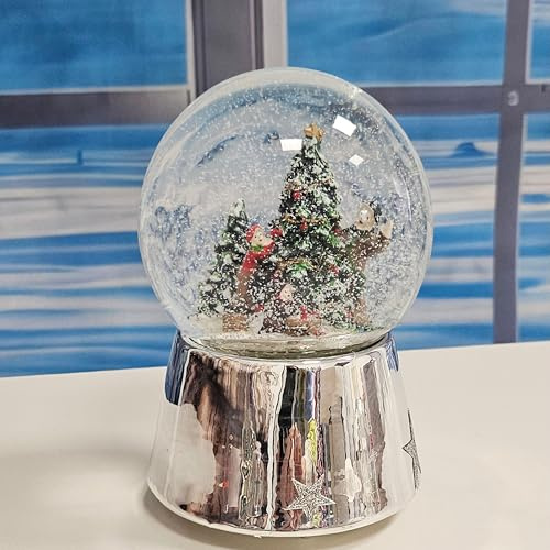 Schneekugel Weihnachten | Christbaum schmücken | Sockel Silber | H: 140mm B: 100mm | edle Schüttelkugel mit Musik | Weihnachtsdekoration | 20134