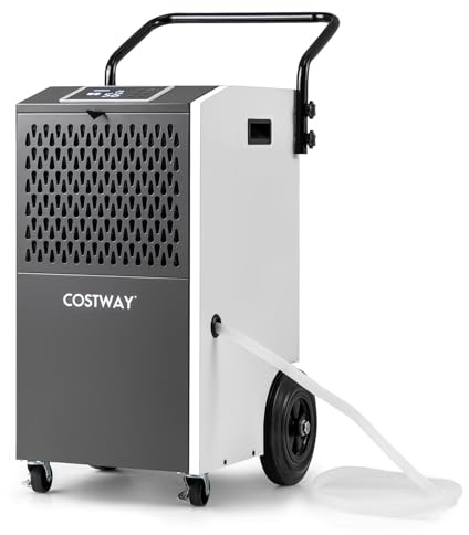 COSTWAY 73 l/dag kommersiell avfuktare, industriell byggtork med avloppsslang och 24-timmars timer, bärbar avfuktare med hjul för källare, lager, byggarbetsplats upp till 695 m³ (vit)
