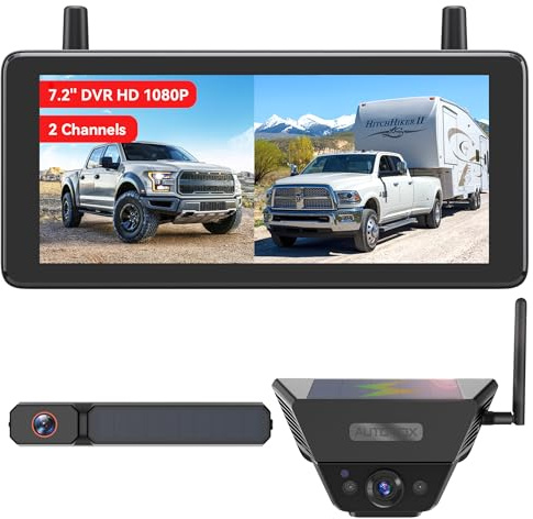 AUTO-VOX Solar Wireless Reversing Camera System with Two Cameras (License Plate & Portable): 7.2” 1080P HD Dual Channel Monitor, IP69K Waterproof Reverse Camera for Motorhome, Camper, Trailer,Van