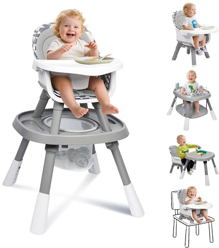 15 in 1 Convertiable High Chair for Babies and Toddlers, 2 in 1 Highchair & Activity Center w/Toys, Booster Seat, Toddler Chair w/5-Point Harness & Removable Tray & 2-Layer Cusion (Grey)