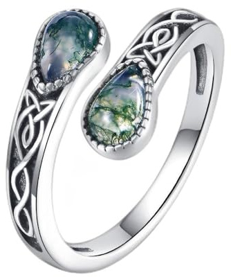 Moss Agate Ring 925 Sterling Silver Celtic Spoon Ring Adjustable Open Vintage Jewelry Gifts for Women
