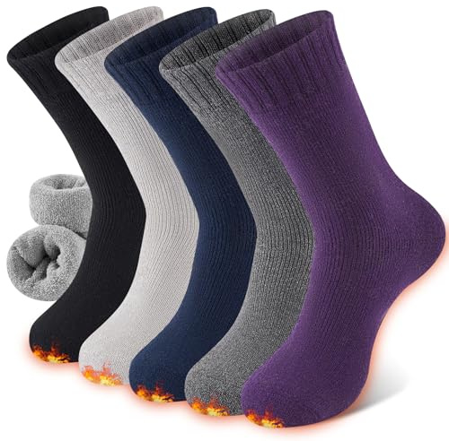 Niorasen Thermal Wool Socks for Women 5 Pairs Multipack, Ladies Warm Winter Walking Hiking Crew Socks for Boots, Thick Comfy Cushioned 4-9, Black & Multicolour