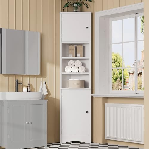 Merax Eckschrank Hochschrank, Dreieckiger Badezimmerschrank, feuchtigkeitsbeständiger Lack, DREI offene Ablagefächer, Doppeltüren, verstellbare Einlegeböden, weiß, 36.5 x 24.5 x 170cm