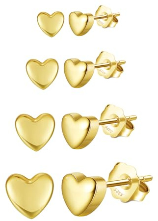 Epoch World Herz Ohrstecker Silber 925 Damen Set 4 Paare 925 Sterling Silber Ohrringe Herz Ohrstecker Goldene Hypoallergene Gold Ohrringe Gold Ohrschmuck für Damen Frauen und Mädchen