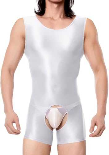 Adigau Herren Glänzender Body mit Offenem Schritt Elastische Glatte Tank Top Sport Bodybuilding Leotard Einteiler Ganzkörper Unterhemd Dessous Reizwäsche Weiß M