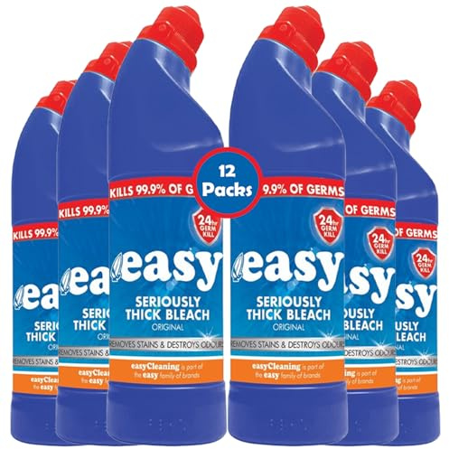 Easy Seriously Thick Bleach 750ml Original Pack of 12 – Powerful Disinfectant Cleaner for Toilets, Drains, Bathrooms, Kitchens – Removes Tough Stains, Germs & Odours – Household Cleaning