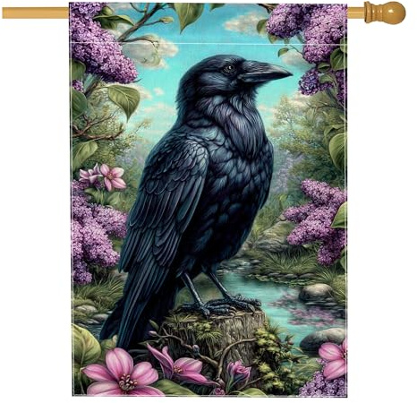 Drapeau de jardin artistique en forme de corbeau noir, bannière florale lilas pour décoration d'intérieur, drapeau double face pour décoration de printemps et été, 71 x 101 cm