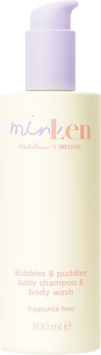 minLen Bubbles & Puddles Baby Shampoo & Body Wash 300ml vegan | Naturkosmetik Duschgel & Haarpflege Seife mit Kokosöl & Sanddornöl - Babypflege Duschseife mild zu den Augen parfümfrei