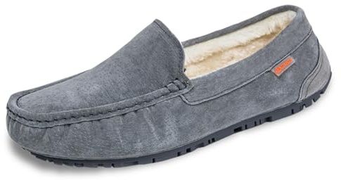 Hustofflor för män mockasiner inomhus utomhus luddiga lurviga loafers mocka läder varma bekväma skor, Grå, 39.5 EU