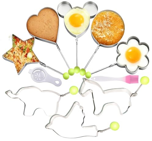 Molde Para Freír Huevos | Utensilio de Cocina con 8 Moldes de Formas y Cepillo | Formadores De Huevos De Acero Inoxidable - Para El Desayuno, La Hamburguesa, La Ensalada, La Tortita Y Tortilla