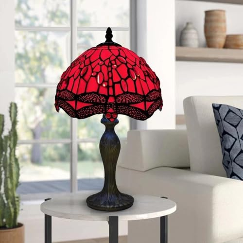 StefMary Stained Glass Red Tiffany Style Table Lamp Traditional Shape Orange Handcrafted Bedside Light Desk Lampshade for Bedroom Livingroom Drawingroom